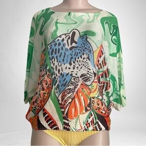 Italian Made Cathy Fashion Leopard Jungle Print Graphic Sweater SZ L XL